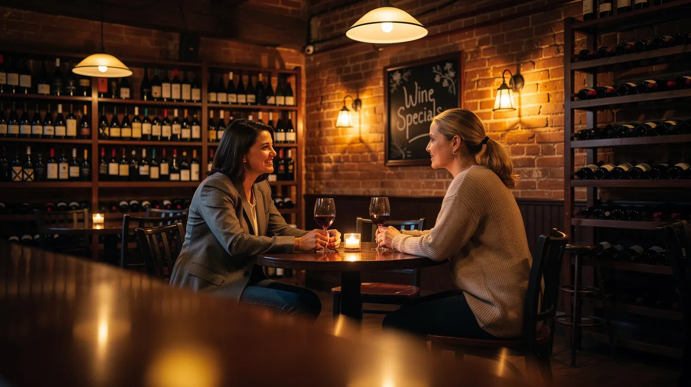 The image depicts a cozy wine bar interior featuring warm lighting and exposed brick walls, with two people engaged in conversation at a small table, suggesting a moment of connection that could lead to a deeper relationship. This setting is ideal for exploring compatibility, as it fosters communication and shared interests, essential for building lasting relationships.