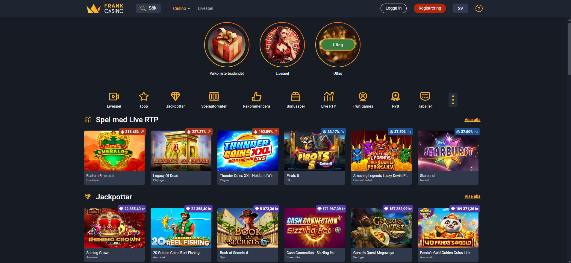 Frank Casinos startsida med Live RTP, jackpotspel och olika spelautomater.