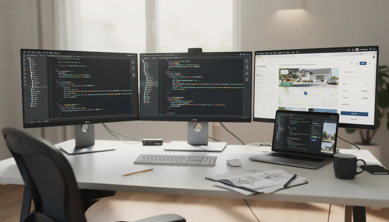 The image depicts a web developer's workspace featuring multiple monitors displaying website code alongside a real estate platform interface, highlighting tools for real estate professionals. This setup emphasizes lead generation, property listings, and the integration of a customer relationship management system to streamline the real estate business.