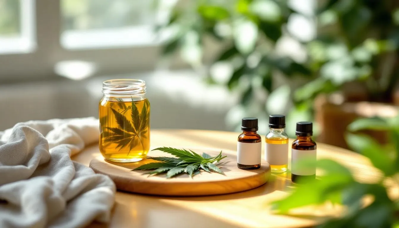 The image depicts a tranquil wellness setting featuring various THCA consumption methods, including fresh cannabis juice, raw cannabis leaves, and unheated tinctures, highlighting the potential health benefits of naturally occurring cannabinoids from the cannabis plant. This serene environment emphasizes the therapeutic effects and legal status of THCA products in promoting wellness.