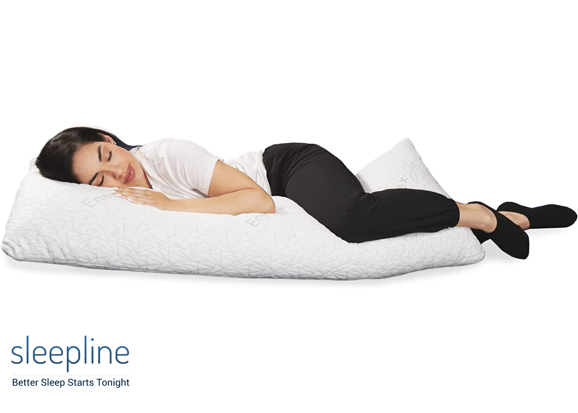 Woman sleeping with a body pillow