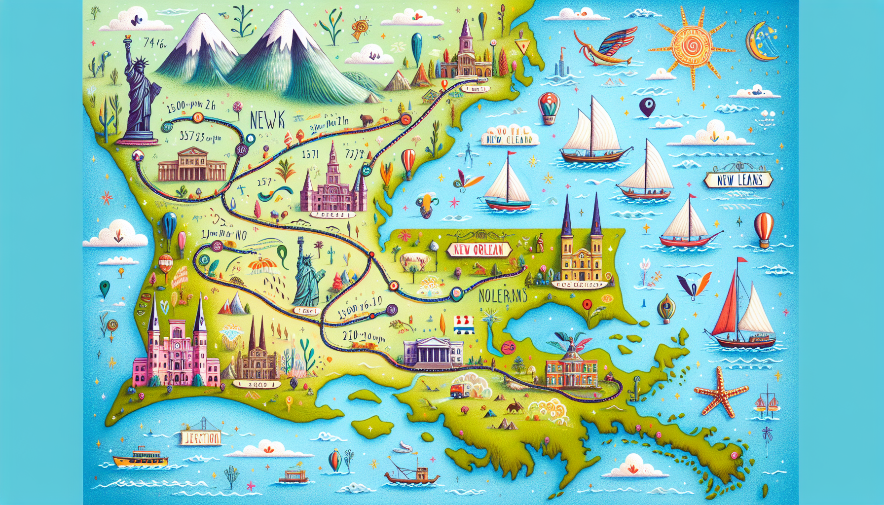 A visual representation of the distance and travel time between New York and New Orleans.