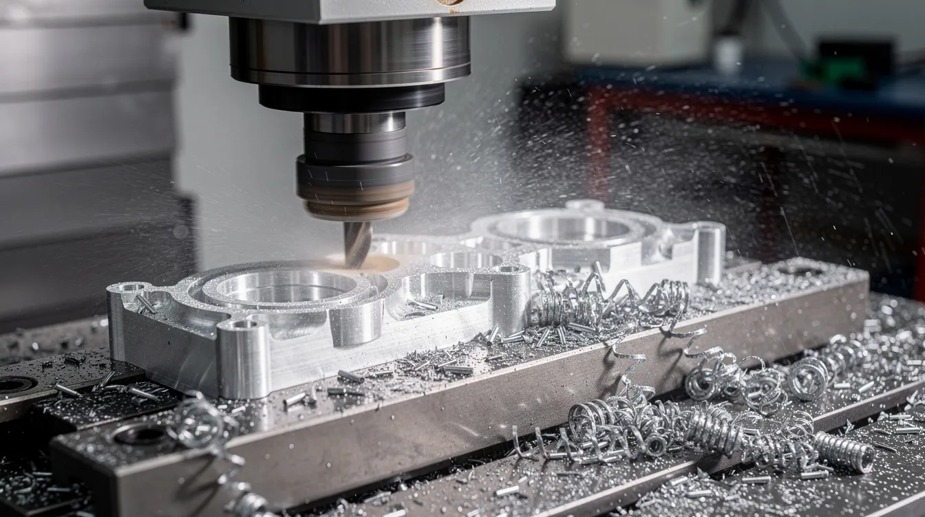 The image shows a CNC milling machine actively cutting a complex aluminum prototype part, with metal chips scattered around, highlighting the precision involved in the rapid prototyping process. This manufacturing process is essential for creating high-quality prototypes and functional parts efficiently.