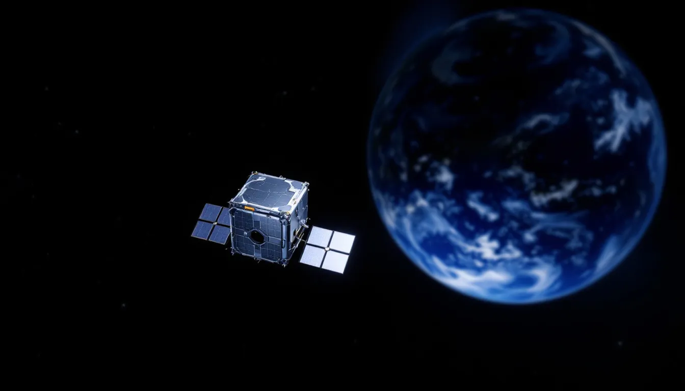 A satellite hovers in the sky with Earth visible in the background, showcasing the advancements in space-based optical communication technologies. This image represents the integration of optical components and systems developed for reliable data transmission over long distances, highlighting the capabilities of modern space missions.