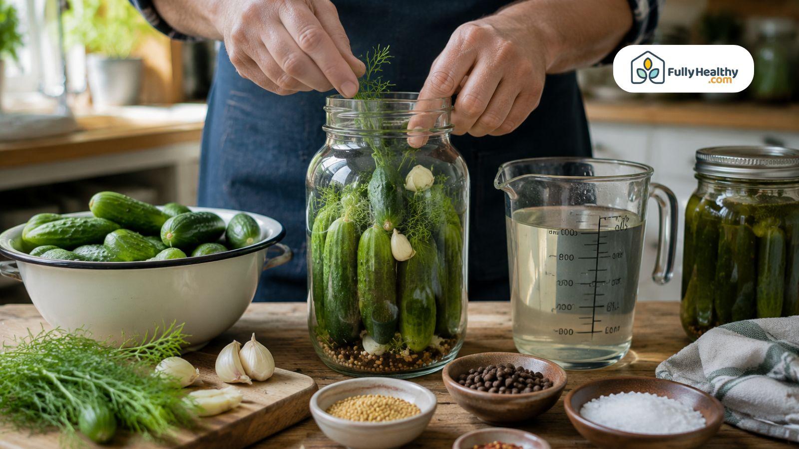 Hands preparing cucumbers with dill garlic and brine for homemade kosher pickles