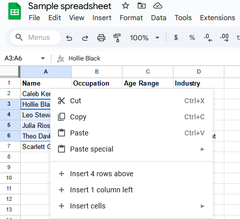 A screenshot of a Google Sheets spreadsheet with the right-click menu open.