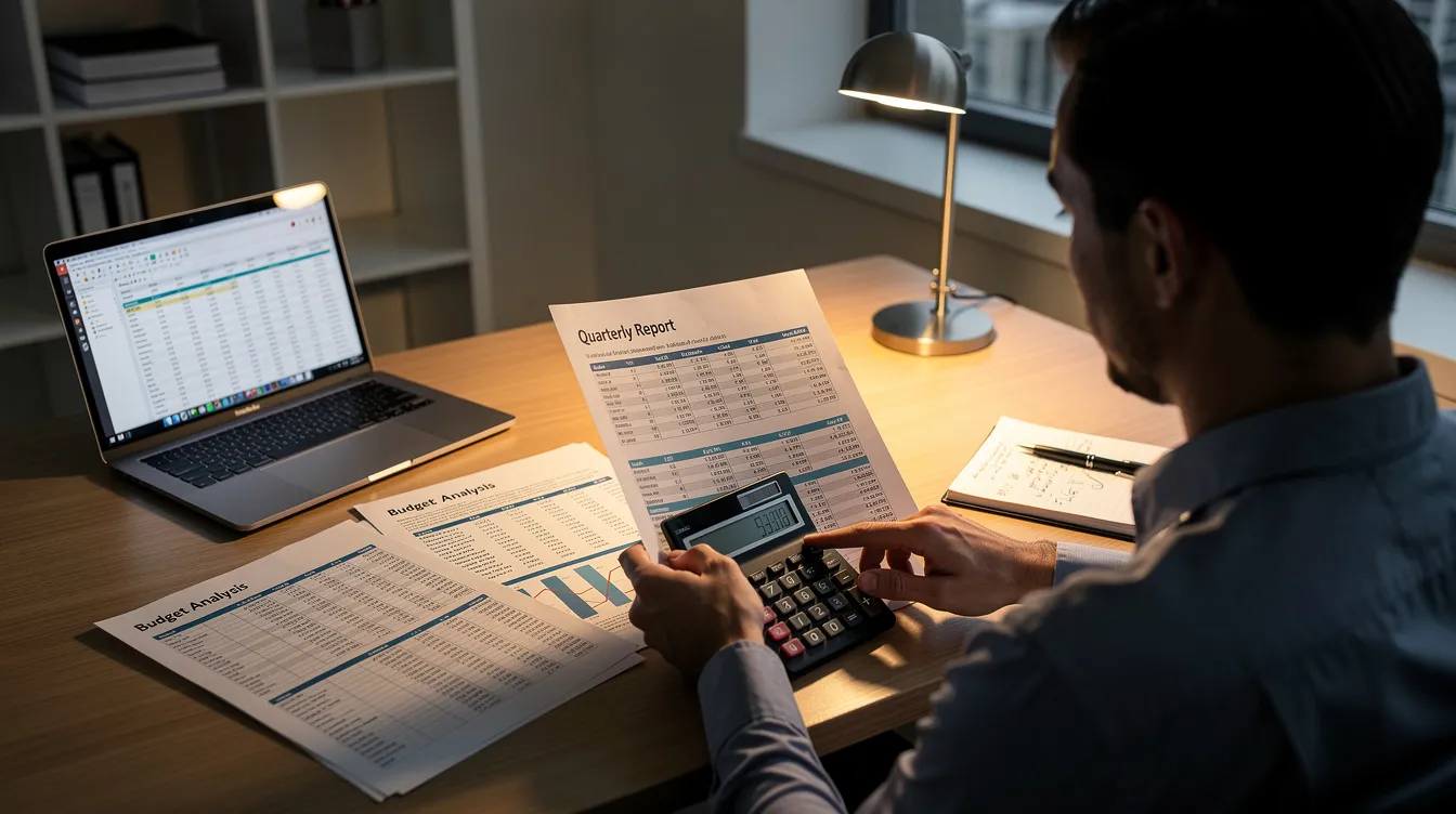 A person is seated at a desk, intently comparing various financial documents while using a calculator, likely evaluating options for 中小企業貸款 or other financing plans. The scene suggests a focus on meticulous financial analysis, possibly related to loan applications or business funding strategies.