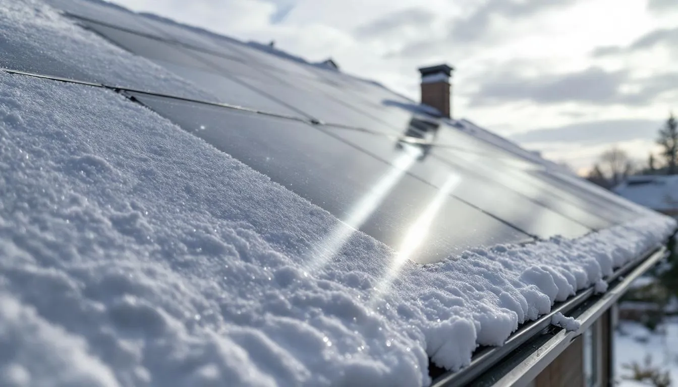 Des panneaux solaires photovoltaïques recouverts de neige sont installés sur le toit d'une maison, reflétant la lumière du soleil en hiver. Cette image illustre l'utilisation de l'énergie solaire même dans des conditions hivernales, mettant en avant l'importance de l'énergie renouvelable au Québec.