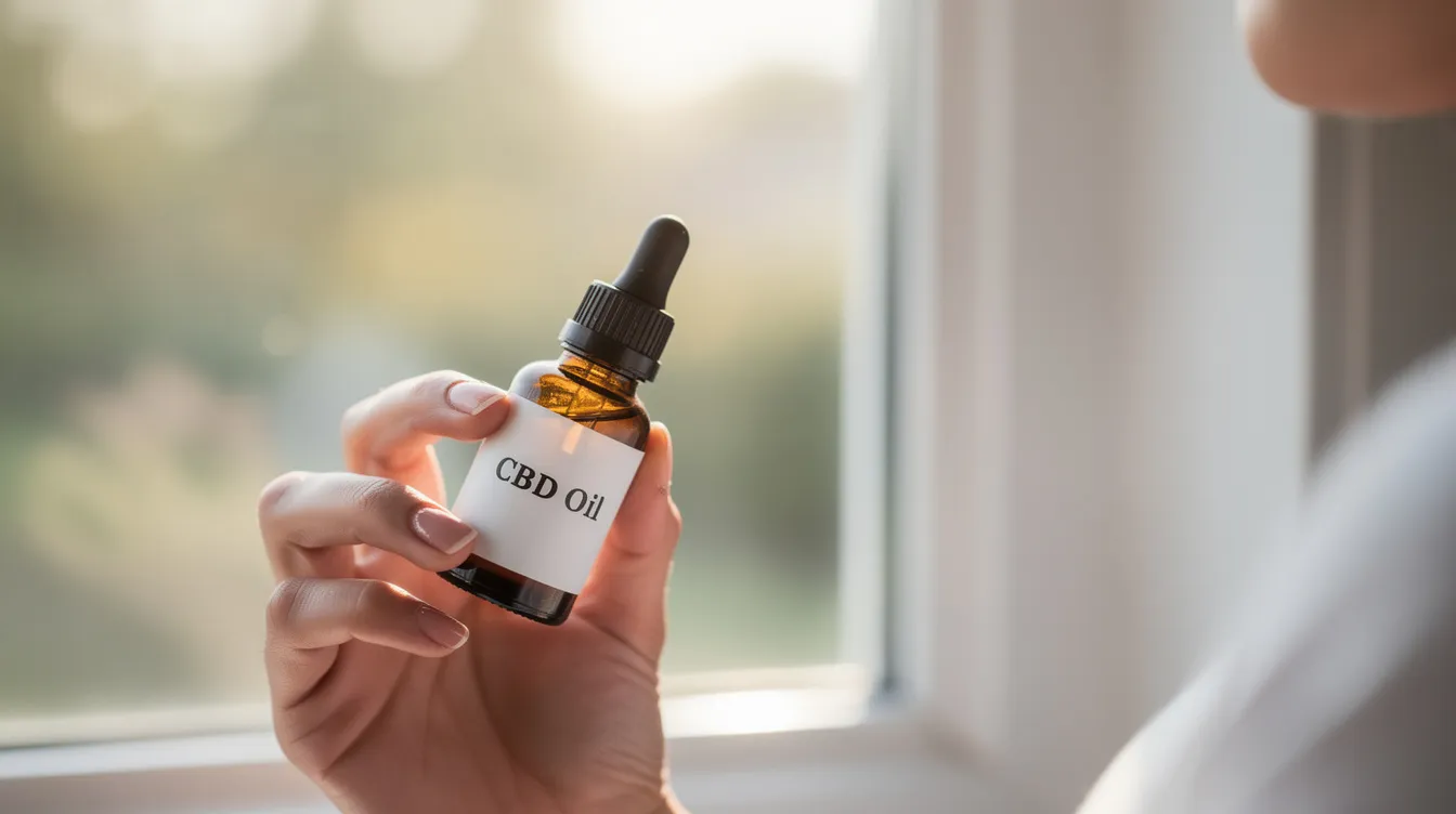 A person is holding a small amber CBD oil dropper bottle in natural sunlight near a window, highlighting the calming effects of CBD products. This image suggests the potential for better sleep quality and relaxation, as users often report feeling tired after taking CBD oil.