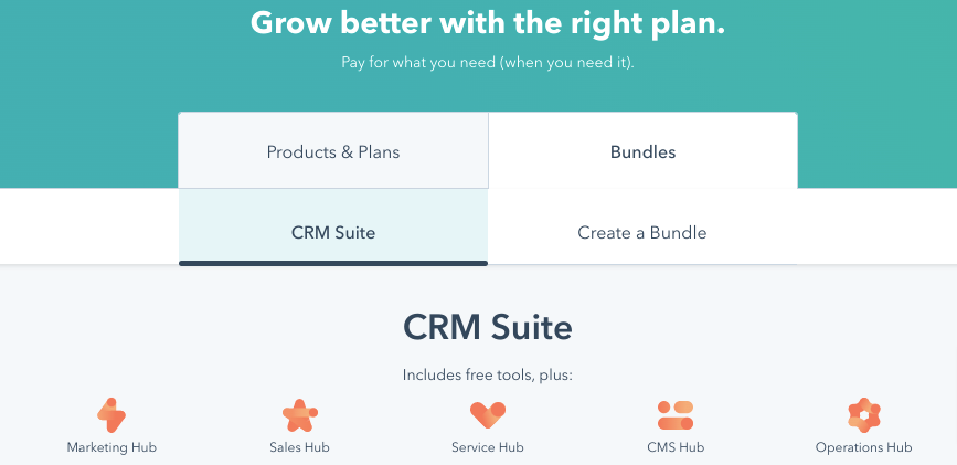 screenshot of hubspot pricing and hub