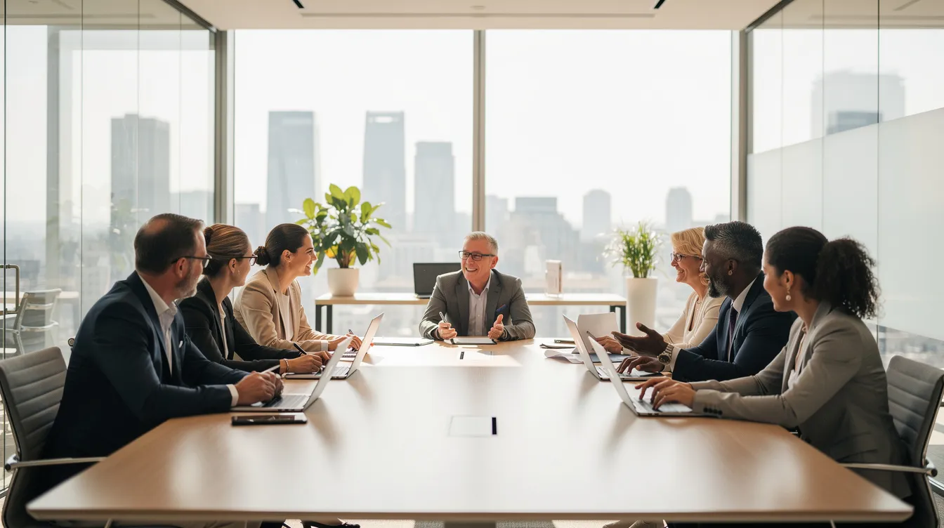 A diverse group of small business owners in business casual attire engage in a lively discussion around a conference table in a bright, modern office, emphasizing collaboration and strategic planning for their independent businesses. The atmosphere reflects a focus on economic development and the importance of small businesses in the economy.