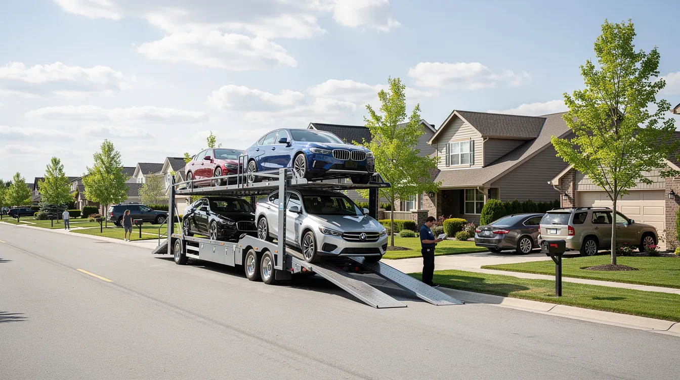 A car carrier truck is parked on a residential suburban street, preparing to deliver multiple vehicles. This scene showcases the auto transport process, highlighting the importance of reliable car shipping services for local deliveries in Alabama.