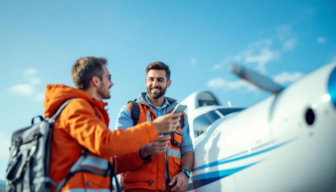 A flight instructor guiding a student pilot during preflight inspection.