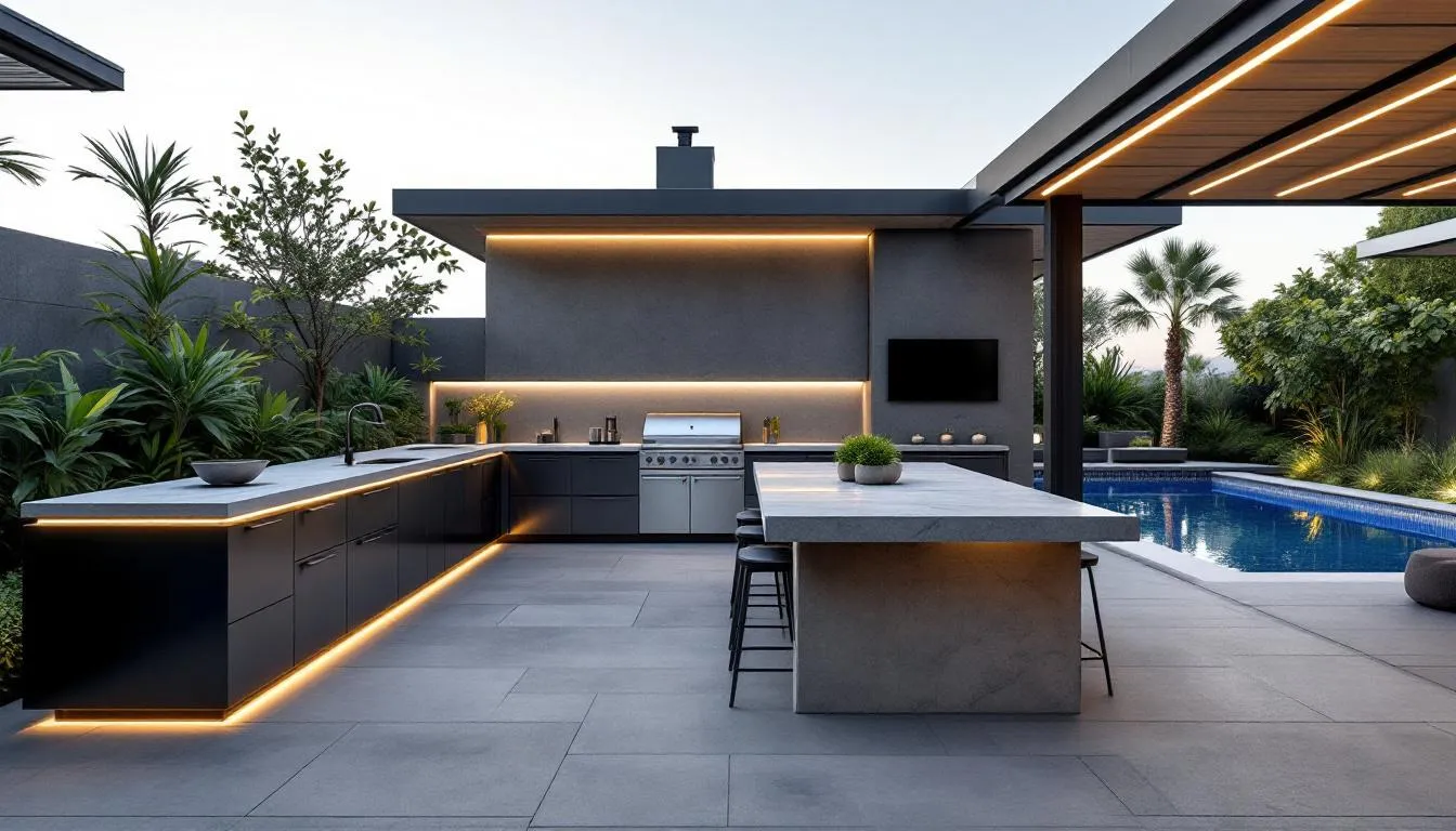 An outdoor kitchen and pool area that showcases maintenance tips for outdoor living spaces.