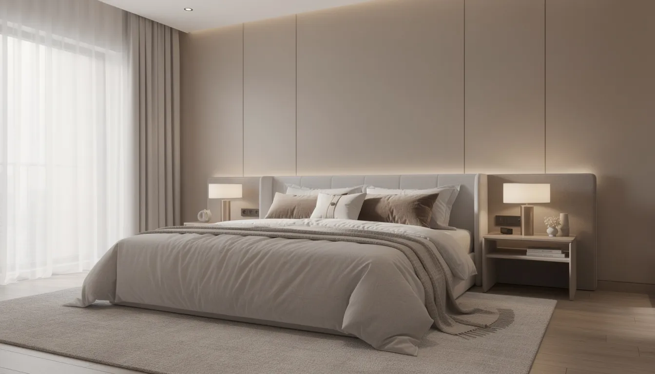 Een stijlvolle slaapkamer met een luxe bed tegen een strak afgewerkte wand in zachte kleuren, die een gevoel van rust en comfort uitstraalt. De wand is waarschijnlijk geïsoleerd met hoogwaardige isolatiematerialen om optimale geluidsisolatie en thermische isolatie te bieden, wat bijdraagt aan een aangename slaapomgeving.
