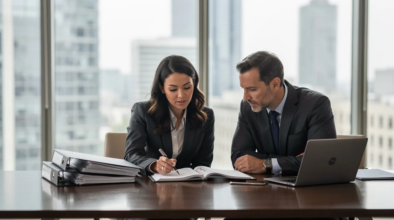 The image depicts two professional attorneys working collaboratively at a desk in a modern office, reviewing case documents related to a hit and run accident. They appear focused and engaged, likely discussing strategies for seeking compensation for victims of car accidents in Albuquerque, New Mexico.