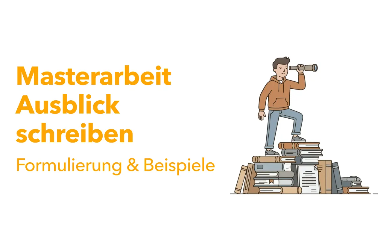 Illustration zum Thema „Masterarbeit Ausblick schreiben“: Student steht mit Fernglas auf einem Bücherstapel und blickt in die Zukunft