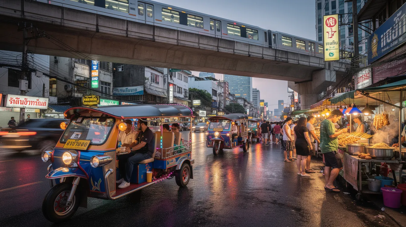 Die geschäftige Straßenszene in Bangkok zeigt bunte Tuk-Tuks, die zwischen Straßenständen hindurchfahren, während im Hintergrund eine moderne Skytrainbrücke zu sehen ist. Diese lebendige Atmosphäre ist typisch für das Land des Lächelns und bietet Reisenden zahlreiche Eindrücke und Informationen für ihre Thailand-Reise.