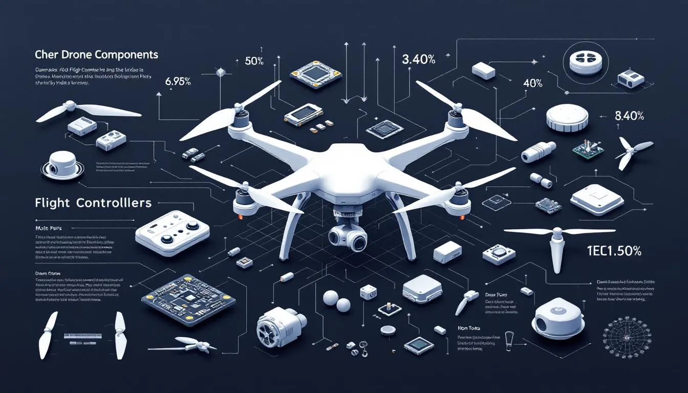Essential drone components including flight controllers and motors used in drone manufacturing.