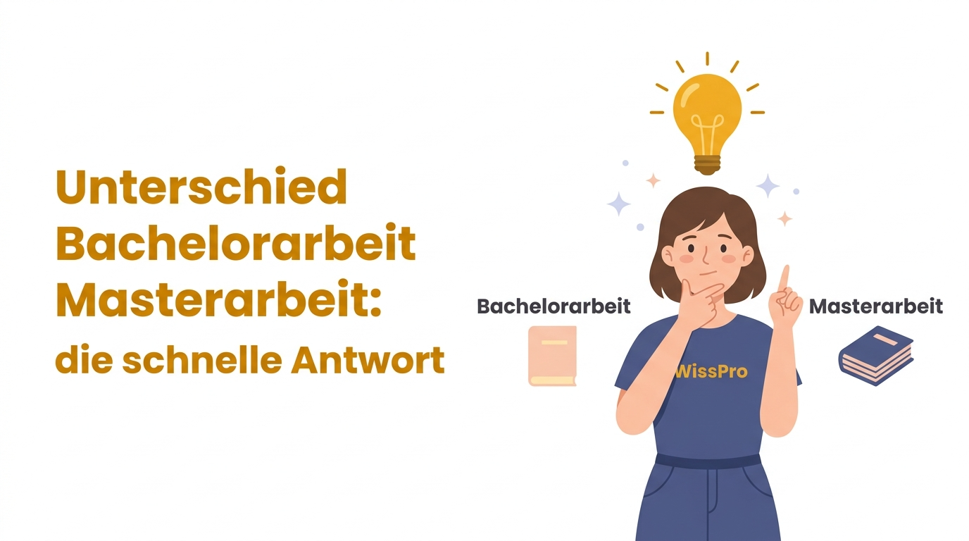 Unterschied zwischen Bachelorarbeit und Masterarbeit einfach erklärt – Illustration mit Studentin, Buchsymbolen und Glühbirne