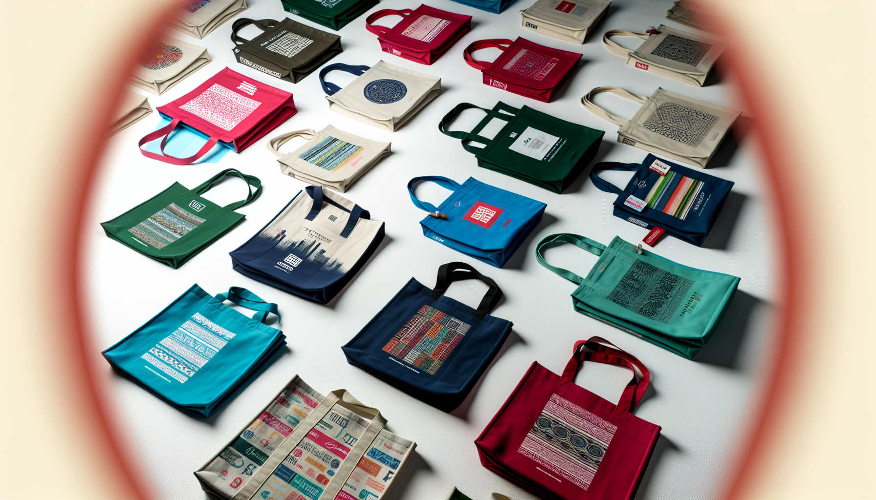Custom tote bags displayed in various colors and designs