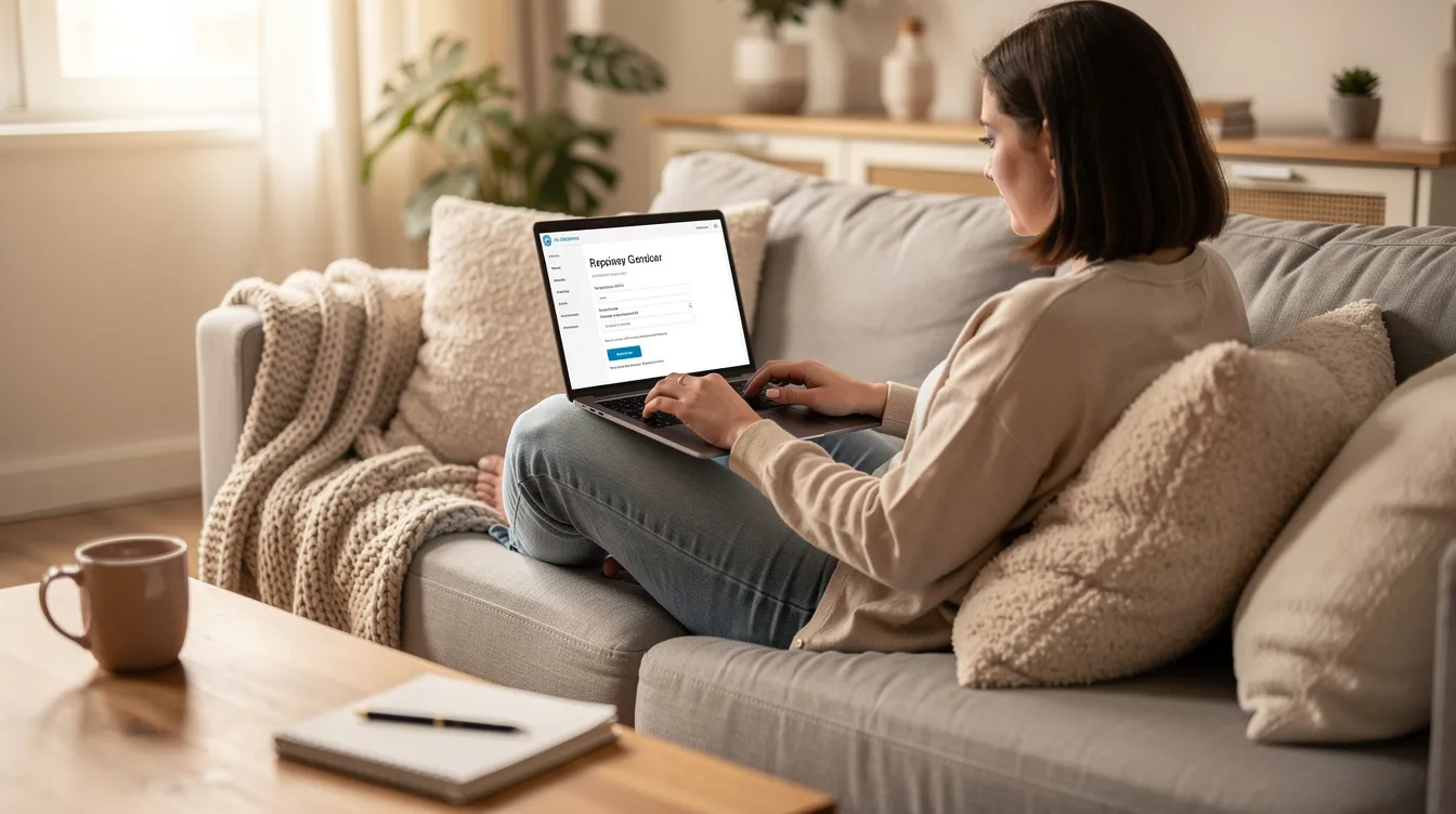 A person is sitting comfortably at home, using a laptop to fill out an online application for a private loan, focusing on details such as the loan amount, repayment period, and interest rates. The environment suggests a relaxed atmosphere, ideal for managing financial conditions and understanding loan terms and conditions.