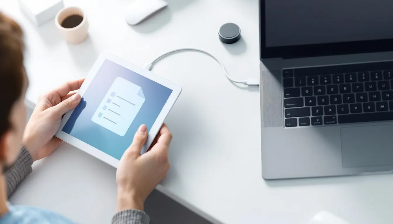 Ein Nutzer verbindet ein Tablet über ein USB-Kabel mit einem Computer, um Daten zu sichern.