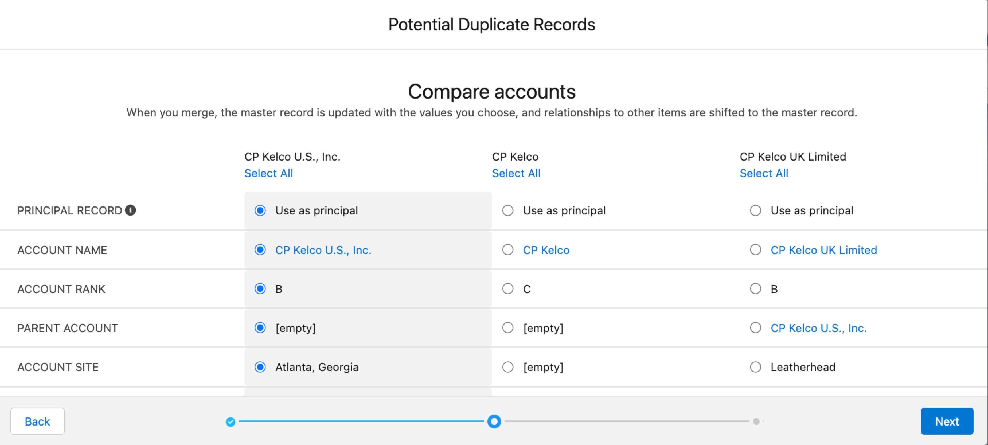 Screenshot of the standard Salesforce Duplicate merge tool
