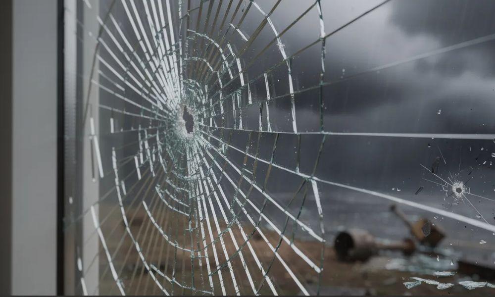 The image depicts a close-up view of broken glass fragments held together by a security window film, showcasing its ability to reduce injury risk from flying shards during break-ins, storms, or explosions. This protective layer acts as a cost-effective solution to enhance safety measures, particularly in high traffic areas like schools and offices.