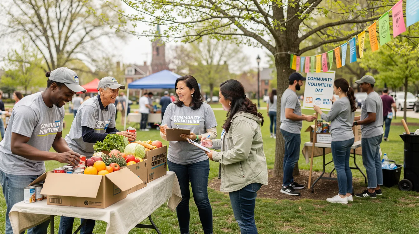 A diverse group of volunteers is working together outdoors at a community event, showcasing their unwavering commitment and teamwork. They are engaged in various activities, reflecting a spirit of honor and duty as they support their local community.