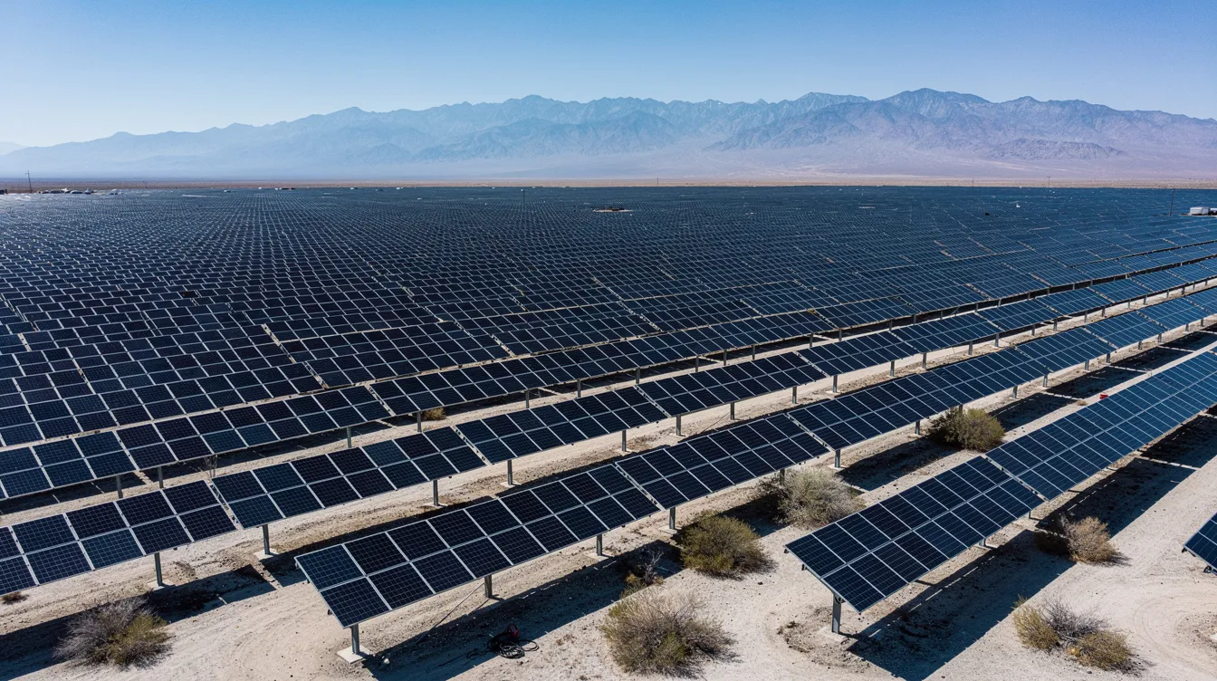 The image depicts rows of utility-scale solar panels arranged neatly across a flat desert landscape, with distant mountains providing a dramatic backdrop. This scene highlights the growing importance of renewable energy projects, particularly solar power projects, in contributing to sustainable energy generation.