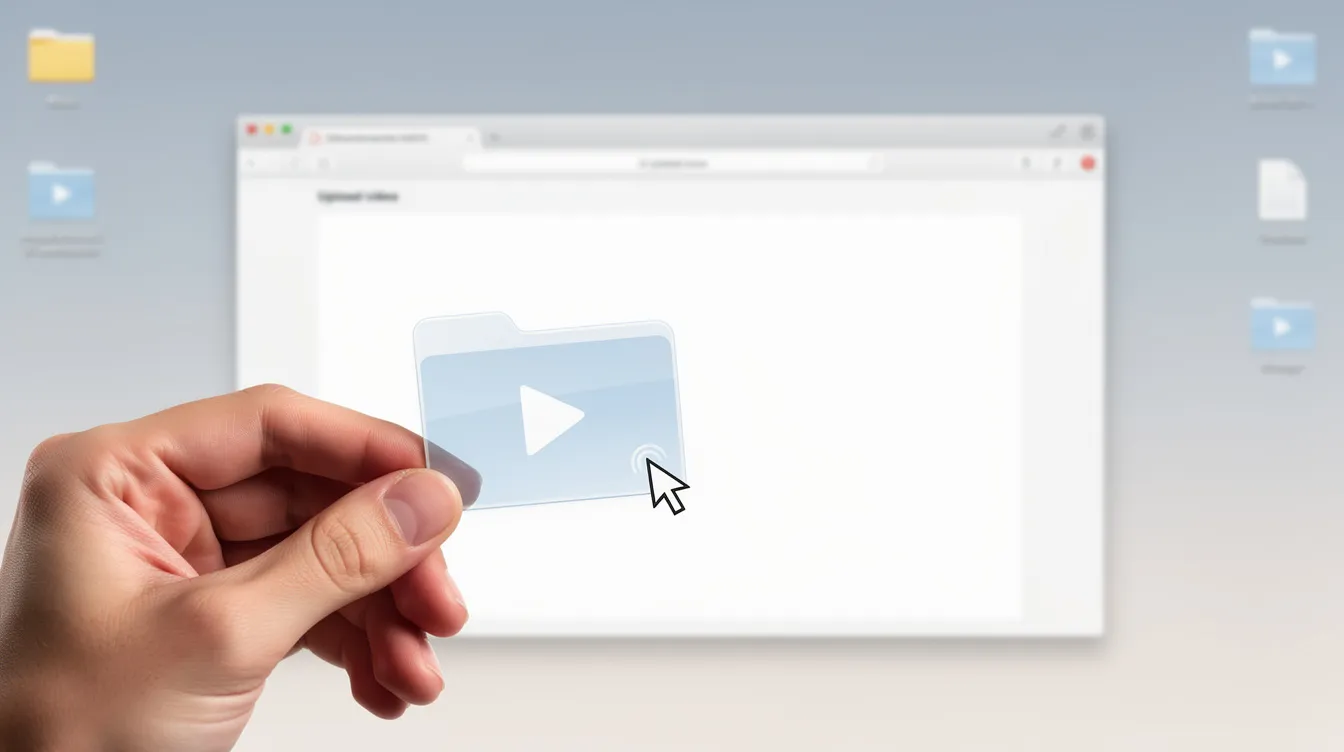 The image shows a hand dragging a video file icon toward an open browser window on a clean desktop, symbolizing the process of uploading videos for video transcription or creating subtitles. This action highlights the ease of using an online tool to convert video content into accurate text formats with just a few clicks.