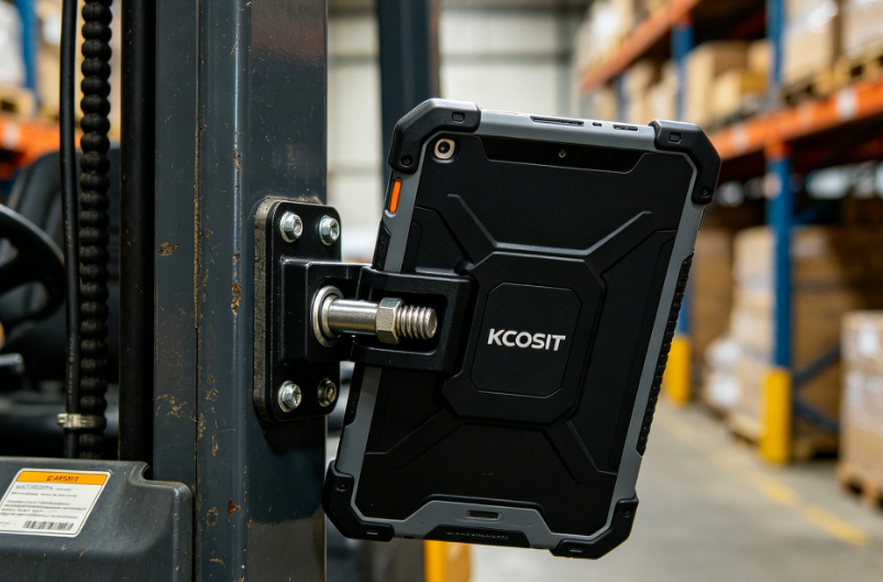 Vehicle-mounted rugged tablet in a forklift docking station for warehouse navigation.