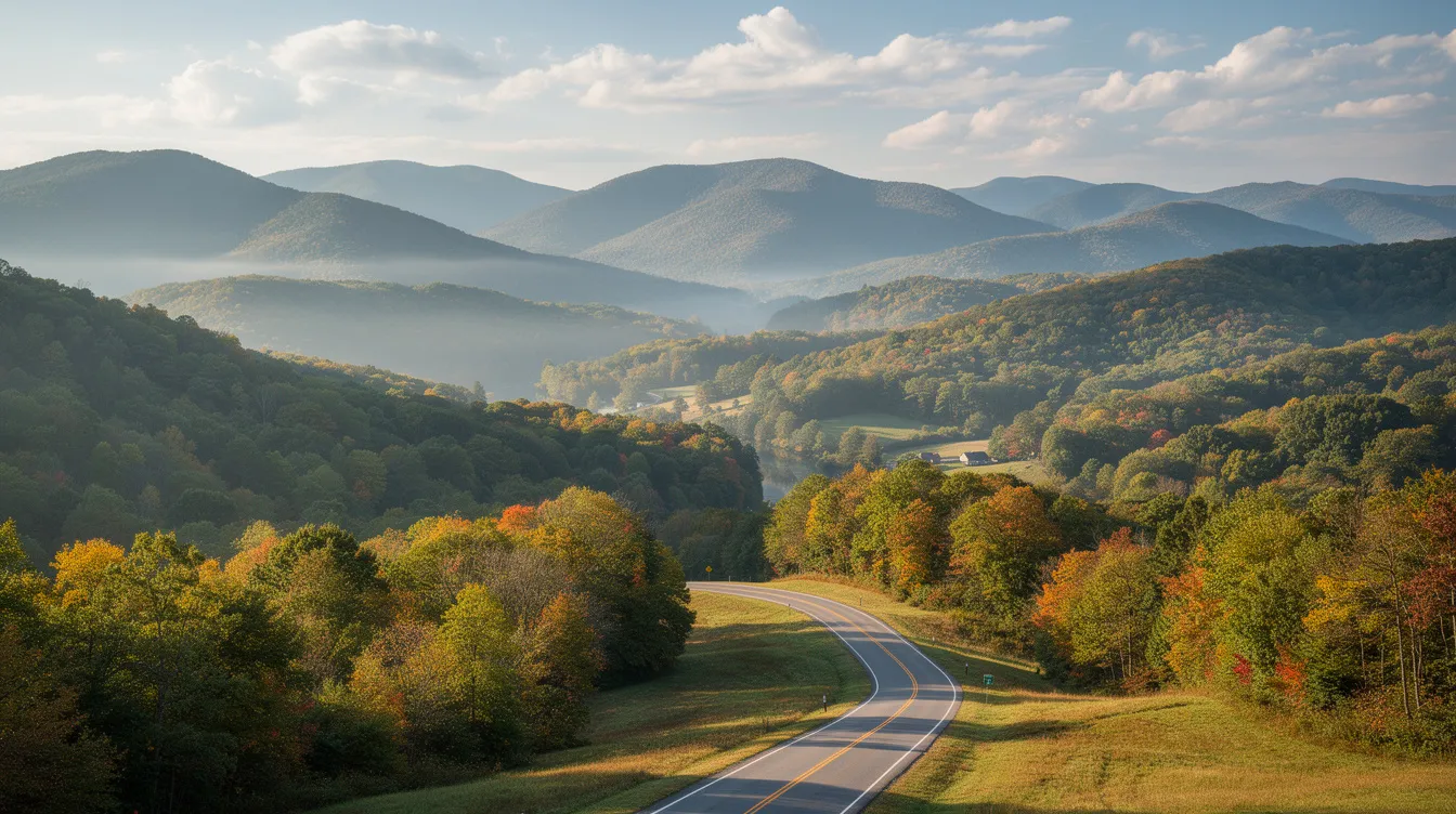 The image depicts a breathtaking mountain landscape in West Virginia, featuring lush green forests and a winding road that meanders through the hills. This serene setting reflects the natural beauty of the region, which is also home to discussions around state laws regarding firearms and gun safety.