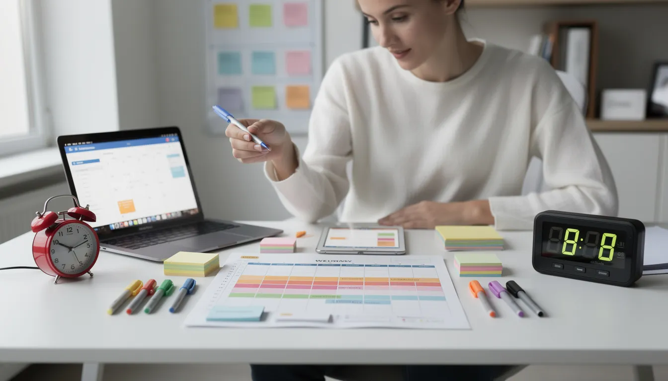 The image depicts a person at a well-organized desk using visual planning tools and timers to manage their tasks, illustrating effective strategies for adults with ADHD to enhance their executive function skills and tackle executive dysfunction challenges. The setup emphasizes the importance of time management and cognitive regulation in daily life.