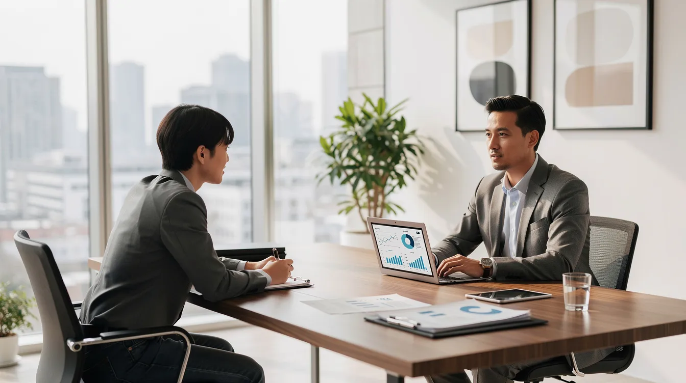 The image depicts a financial advisor and a client engaged in a professional consultation meeting in a bright, modern office. They are discussing various financial strategies, possibly including topics like 債務 重組 and private loans, while surrounded by contemporary furnishings and natural light.