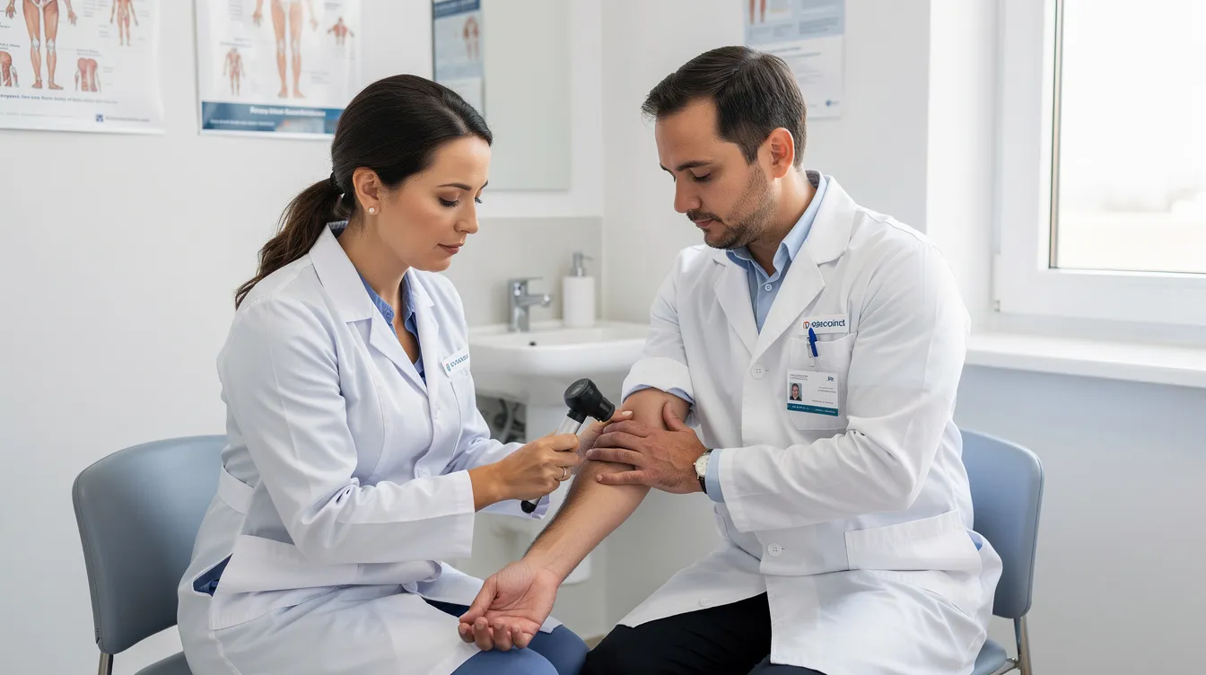 A dermatologist is examining a patient's skin in a bright clinical setting, focusing on multiple skin tags that may require removal. The doctor is assessing the affected area for treatment options, ensuring the patient is informed about different methods for skin tag removal.