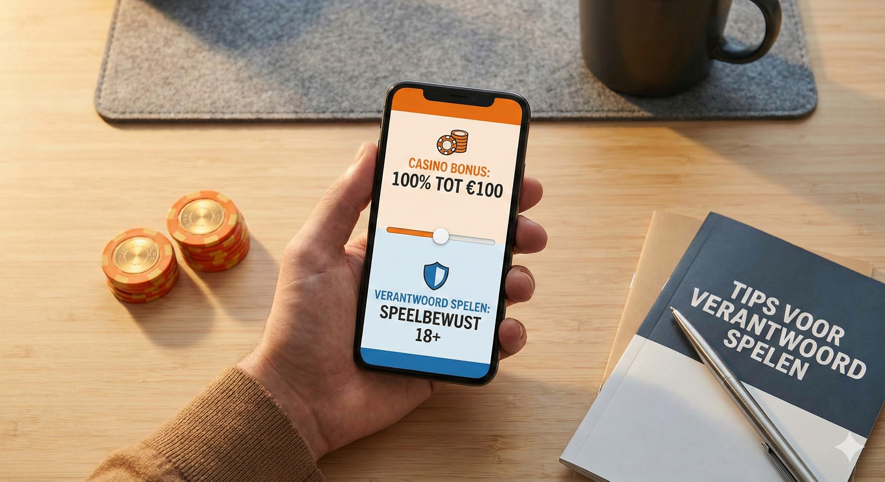 Smartphone met casino bonus van 100% tot €100 en melding over verantwoord spelen (18+), naast fiches en een brochure over verantwoord gokken.
