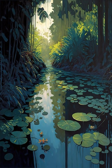 giant water lilies, lake, forest