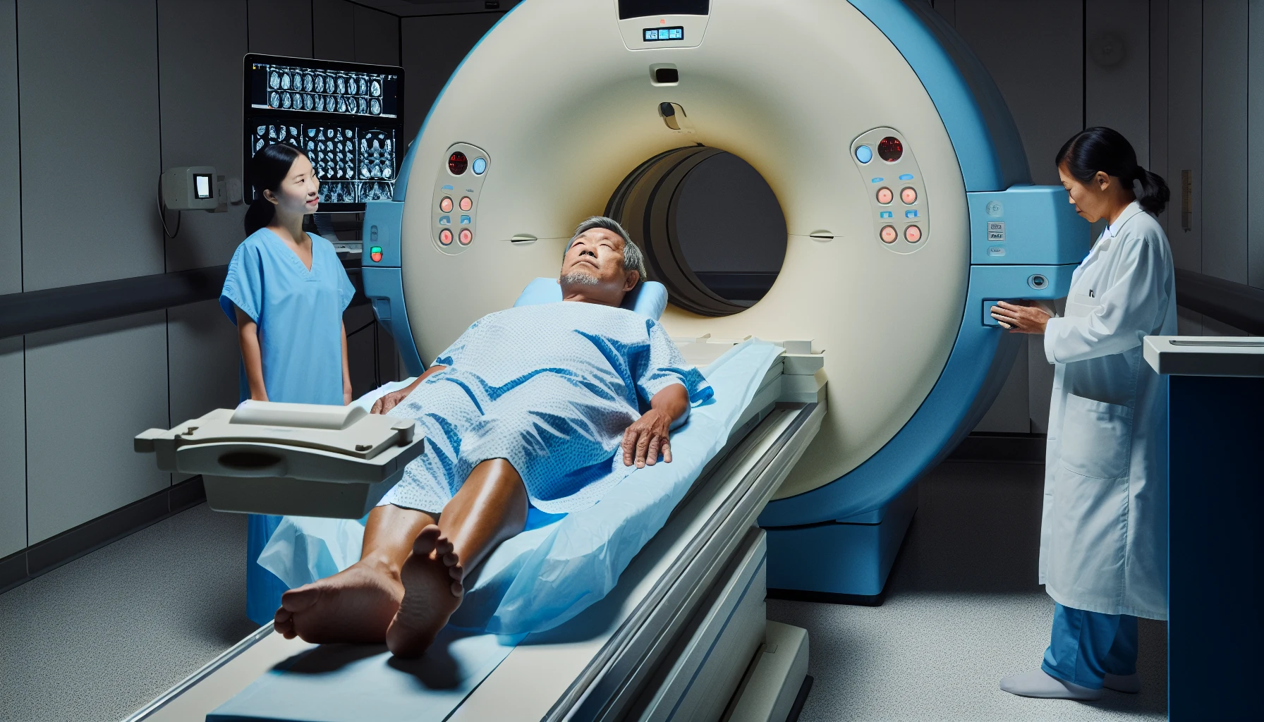 A patient undergoing a PET scan to monitor the response to colorectal cancer therapy