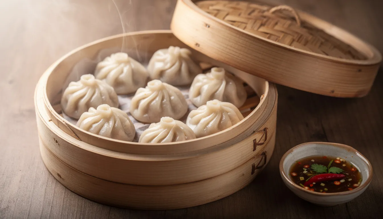Una vaporera de bambú contiene momos recién hechos, típicos de la cocina tibetana, con su masa suave y rellenos de carne de yak y verduras. Este plato tradicional es una parte esencial de la gastronomía tibetana, ideal para disfrutar con una taza de té.