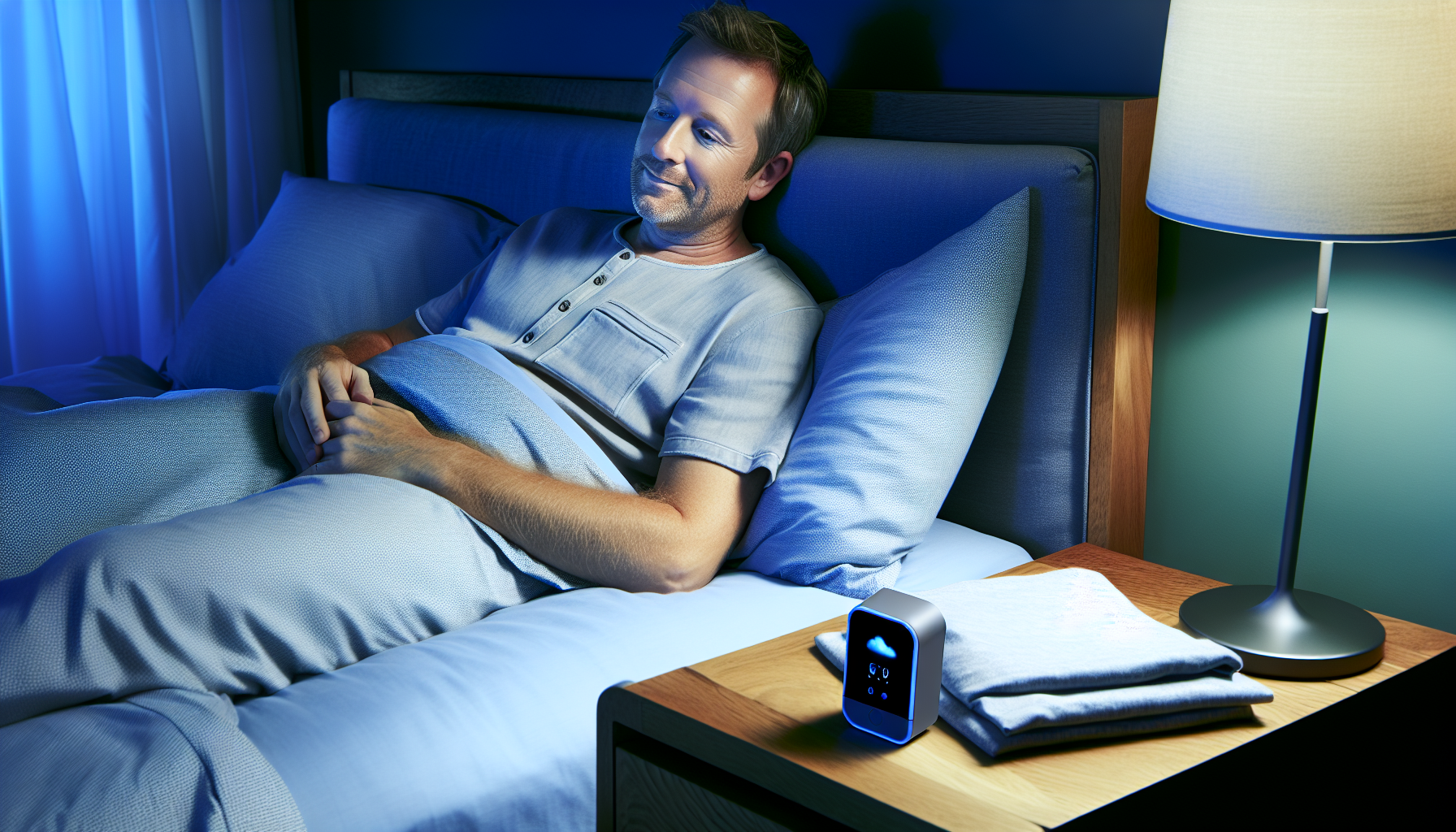 A person using a sleep tracking device at night