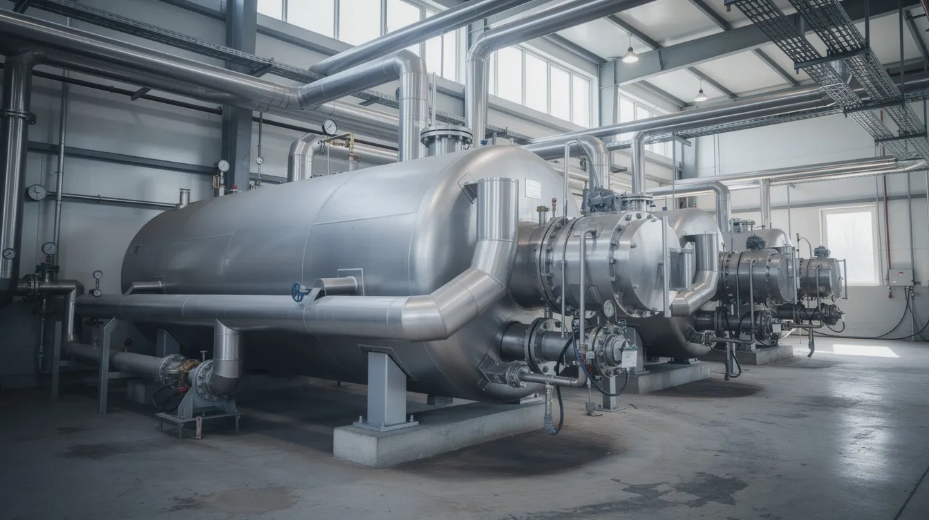 The image depicts realistic industrial steam boilers installed in a working environment, showcasing their robust design and functionality. These high-pressure boilers are essential for efficient operation, emphasizing the importance of proper boiler water treatment and maintenance to ensure optimal heat transfer efficiency and prevent issues like scale formation and corrosion.