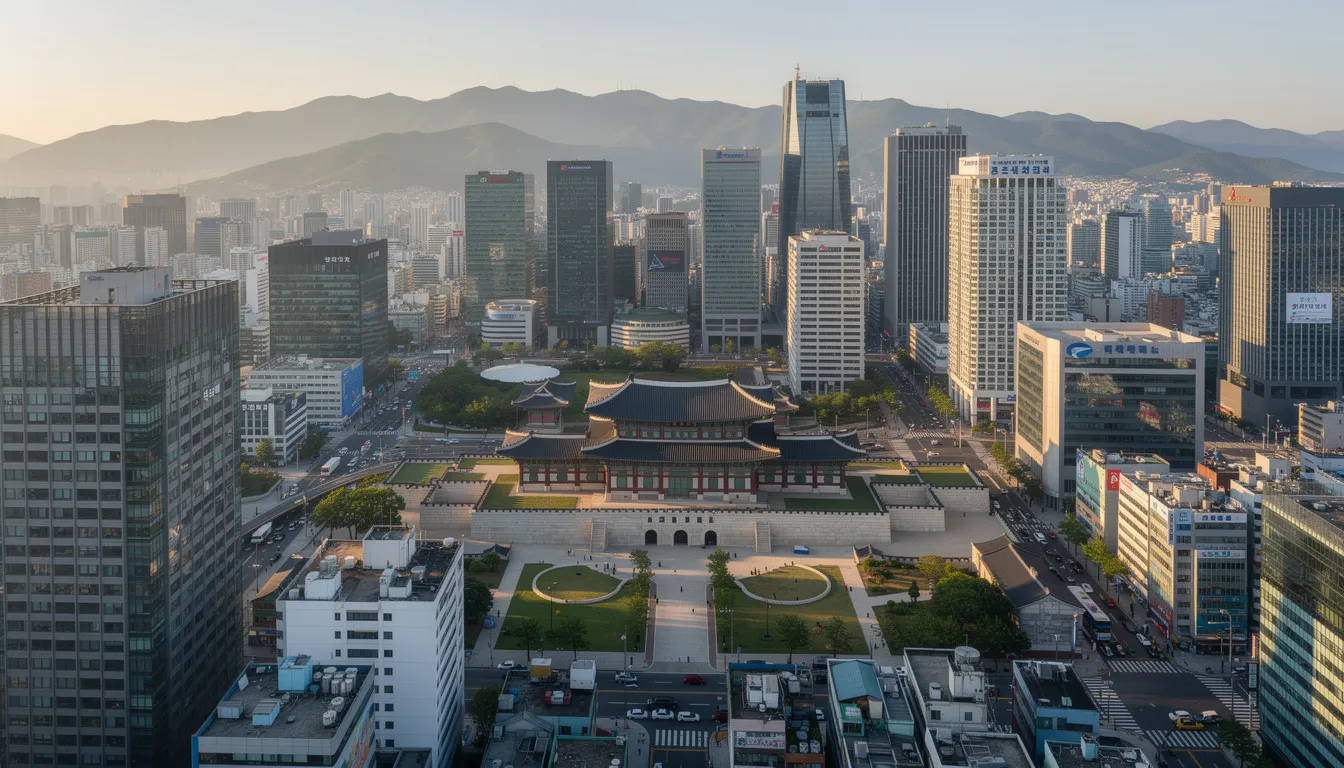 An aerial view of Seoul showcases a stunning contrast between modern skyscrapers and traditional palace buildings, such as Gyeongbokgung Palace, with the serene backdrop of forested mountains. This vibrant cityscape exemplifies the rich blend of South Korean culture and natural beauty, making it a captivating destination for a South Korea tour.