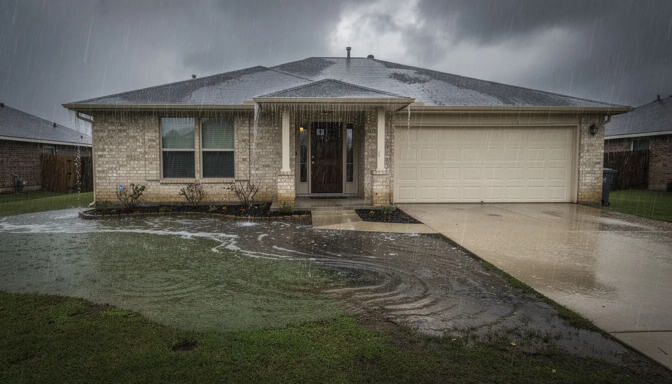 The image depicts the exterior of a residential home during a heavy rainstorm in Texas, with water pooling near the foundation, which can lead to crawl space problems and costly repairs. The scene highlights the potential for moisture damage and mold growth, emphasizing the importance of proper drainage and moisture control to protect the home's foundation and maintain indoor air quality.