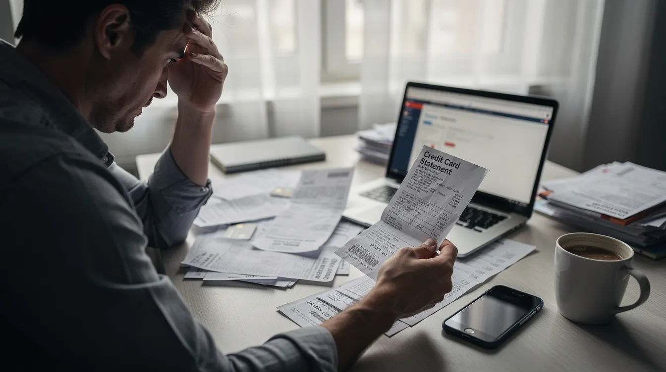 The image shows a person sitting at a desk, visibly stressed while reviewing multiple credit card statements and bills, highlighting the challenges of managing financial obligations and debt. This scene reflects the complexities of 二線 清 數 and the importance of understanding one's 財務 狀況.