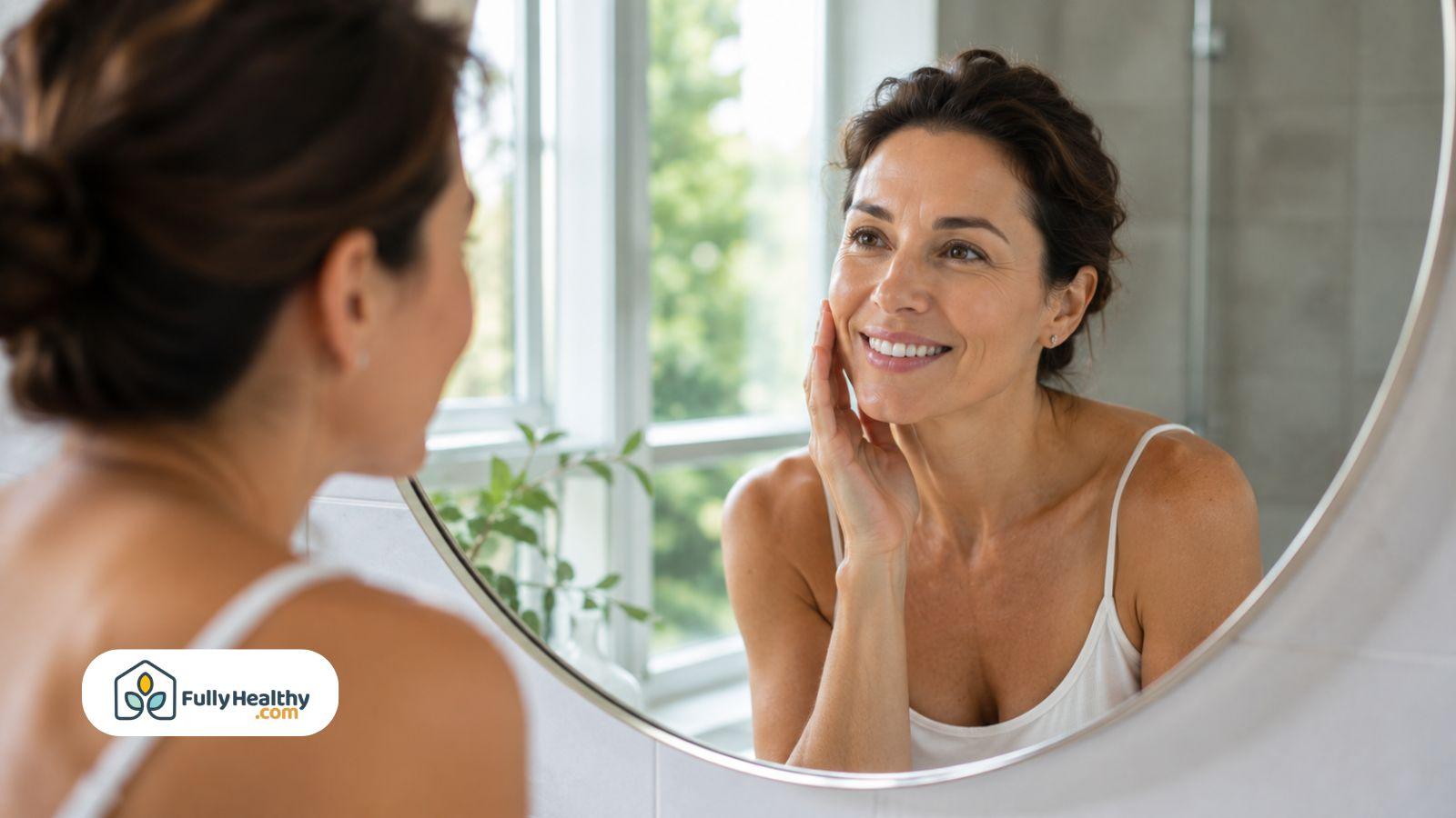 Smiling woman checking healthy glowing skin in mirror during morning skincare routine