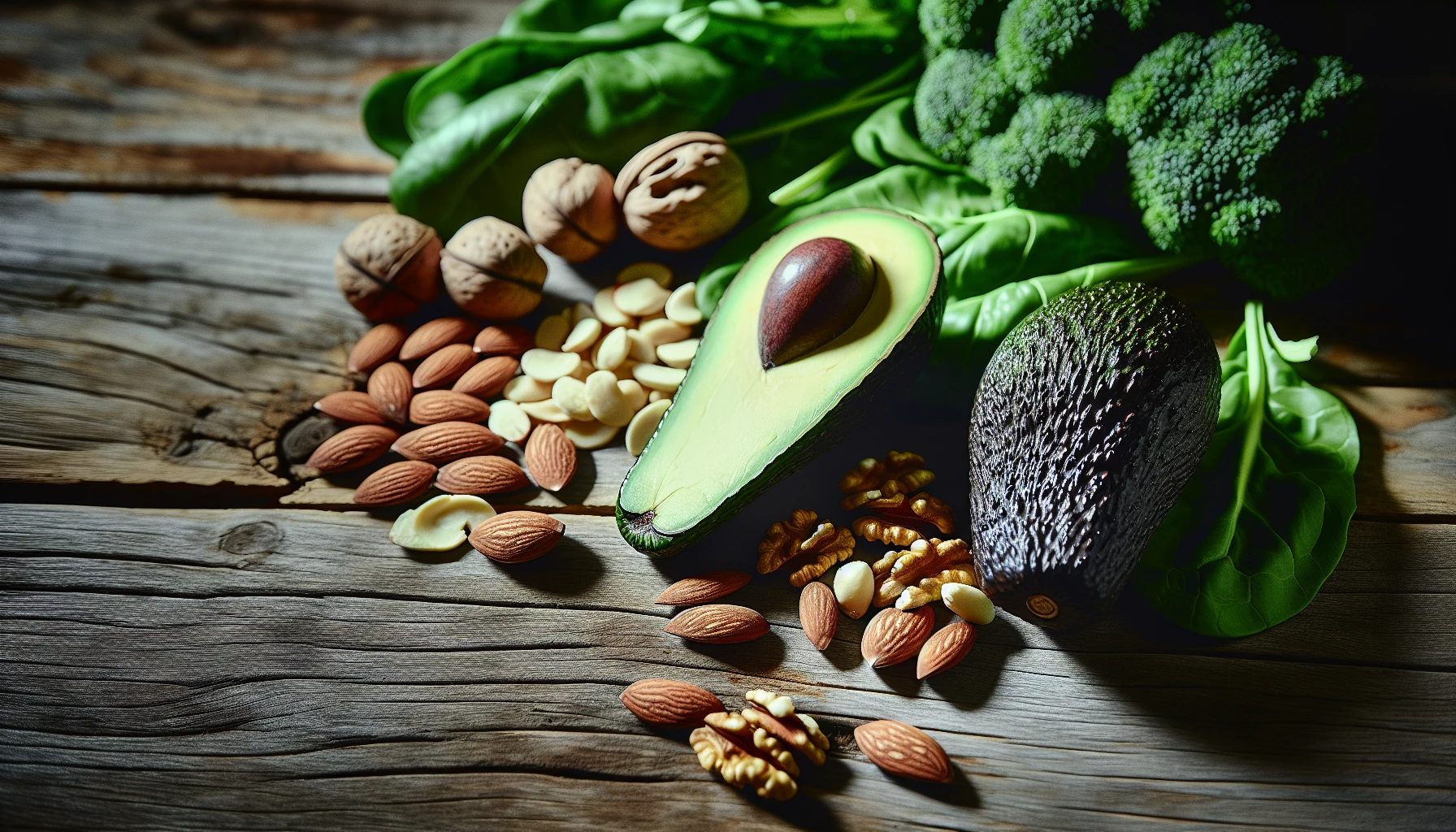 A photo of a variety of ketogenic diet foods including avocados, nuts, and leafy greens