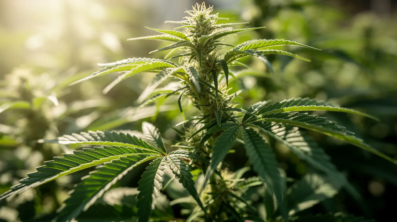 A close-up photograph showcases vibrant green cannabis plants thriving outdoors under bright sunlight, highlighting the intricate leaves and healthy growth typical of the cannabis industry. The image reflects the evolving legal landscape surrounding cannabis, including the current legal status of thca and its implications for hemp-derived products.