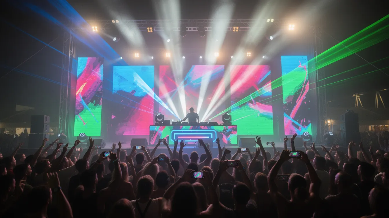 A wide-angle photo captures a professional DJ performing on an elevated stage, surrounded by colorful LED panels and dramatic lighting beams, as a large crowd dances energetically below, creating an unforgettable live event atmosphere. The scene showcases the DJ's skills in music production and sound reinforcement, enhancing the vibrant energy of the celebration.